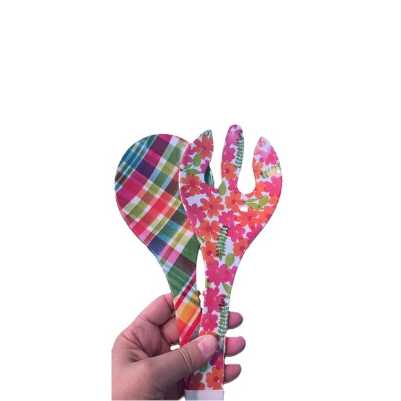 2 pc Plow & Hearth Pasta Salad Server Set Floral Plaid Melamine NEW - Picture 1 of 4